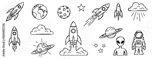 Hand drawn line art space elements set featuring rockets, planets, an astronaut, and an alien for science education
