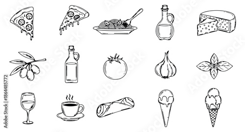 Hand drawn line art Italian food set featuring pizza, pasta, olive oil, and desserts for restaurant menus and culinary themes
