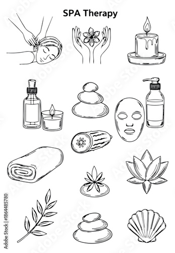 Hand drawn line art spa and wellness icons set featuring massage, candles, essential oils, and stones for relaxation and beauty designs
