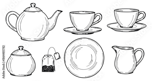 Hand drawn line art tea set featuring a teapot, teacups, sugar bowl, and milk jug for serving beverages