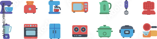 Kitchen Appliances and Modern Home Cooking Equipment Icons with Microwave Fridge Stove Mixer Blender and Toaster for Domestic Lifestyle