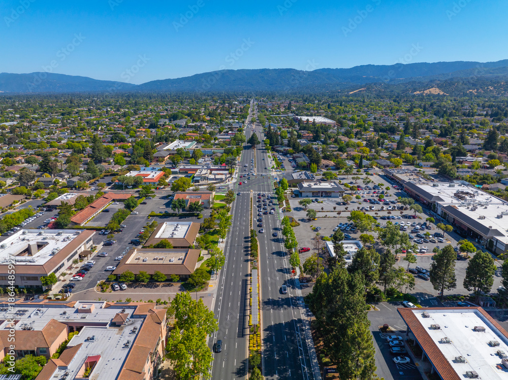 Fototapeta premium Cupertino city center aerial view on S De Anza Blvd near Civic Center of Cupertino, California CA, USA. 