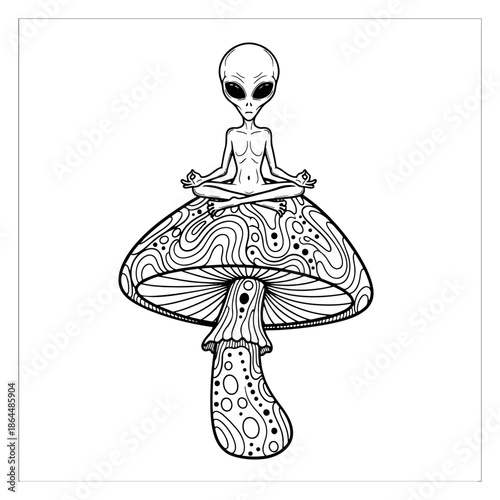 Hand drawn line art illustration of an alien meditating on a psychedelic mushroom depicting peace and cosmic consciousness for spiritual and fantasy design