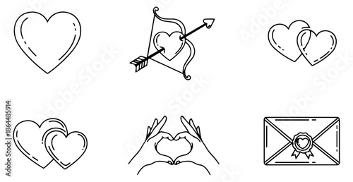Hand drawn line art love icon set featuring various heart shapes, cupid's bow and arrow, hands forming a heart, and a love letter envelope for romance