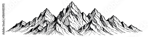 Hand drawn line art illustration of a mountain range depicting rugged peaks for outdoor adventures