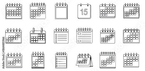 Hand drawn line art calendar and notebook icon set featuring date reminders and to-do lists for scheduling and planning