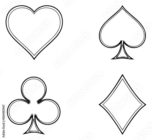 Hand drawn line art card suits set featuring heart, spade, club, and diamond symbols for casino and game design