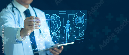 Doctor analyzing virtual human anatomy and organ scanning interface. Digital medical diagnosis, physiology x-ray visualization, and futuristic healthcare technology concept.