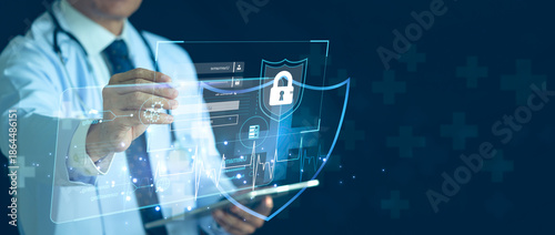 Doctor touching virtual shield and cloud icons. Medical cybersecurity, digital health data protection, and secure cloud computing concept.