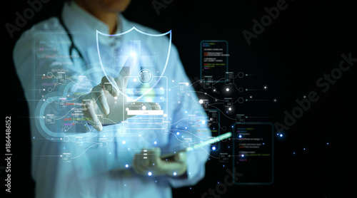 Doctor touching virtual shield and cloud icons. Medical cybersecurity, digital health data protection, and secure cloud computing concept.