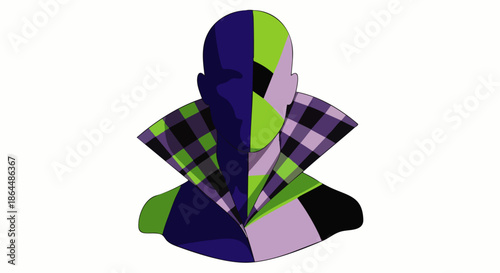 Abstract illustration of a person's head and shoulders divided into colorful geometric segments, representing duality.