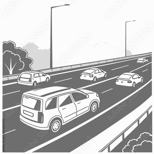 Title: A black and white of cars driving on a highway with trees and streetlights in the background