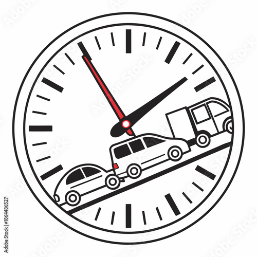 Title: Clock face with cars as hour and minute hands and additional vehicles on the clock face