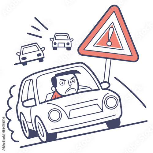 Title: Frustrated driver in a car with a triangular warning sign and another car speeding away