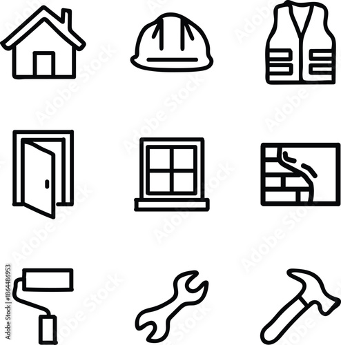 Construction icon set. Containing labor, crane, engineering, equipment, helmet, tool, builder, labour day, renovation architecture, plumbing and more. Editable line icons. Vector illustration