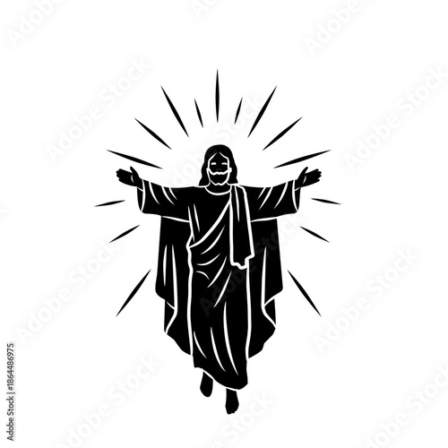Detailed black illustration of Jesus Christ with open arms and radiant halo isolated on white background. Christian religious artwork suitable for church design, faith-based projects, posters, and spi