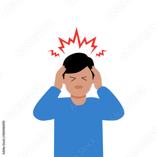 Flat illustration of a man holding his head with pain symbol above, representing headache, stress, migraine, or mental pressure. Suitable for health, medical, stress, and psychology concepts