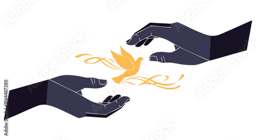 Two stylized dark hands releasing a glowing golden dove with flowing golden ribbons against a white background