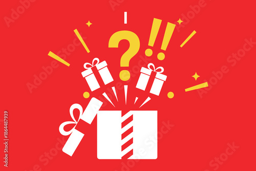 A white gift box with red stripes and three presents flying out on a red background with a large yellow question mark and exclamation marks