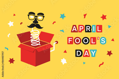 April Fools Day celebration with cartoon face coming out of red box surrounded by confetti