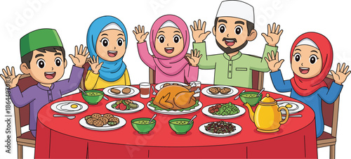 Happy Muslim family celebrating Eid Mubarak with festive dinner, traditional food, together at table, cute cartoon characters, Ramadan Kareem celebration.