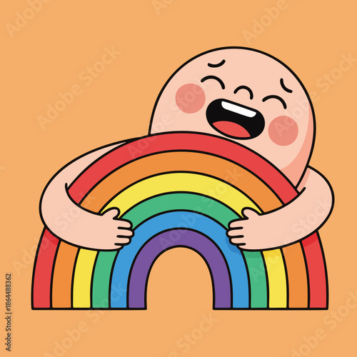 A cheerful cartoon character warmly hugging a vibrant rainbow, exuding joy and love in a colorful, whimsical scene.
