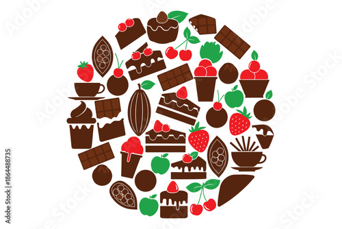 Chocolate desserts and fruits arranged in a circle on white background