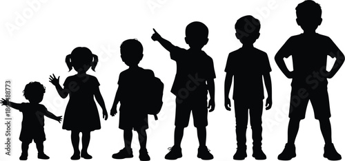 Progression of Growth from Toddler to Adolescent, silhouette, illustration, vector