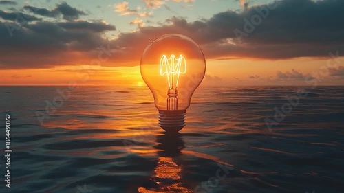 Illuminated Light Bulb Floating on Water During Sunset.