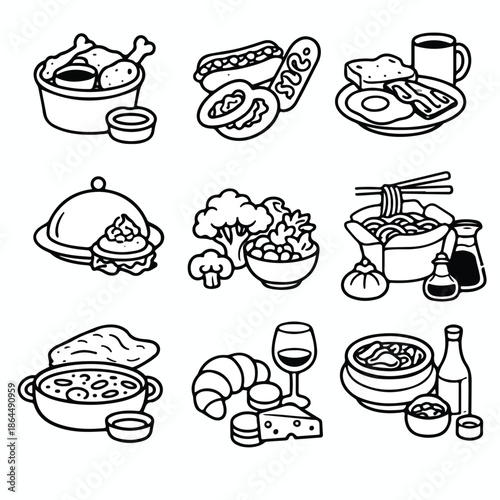 A set of food icons showcasing various culinary delights and beverages in a simple line art style