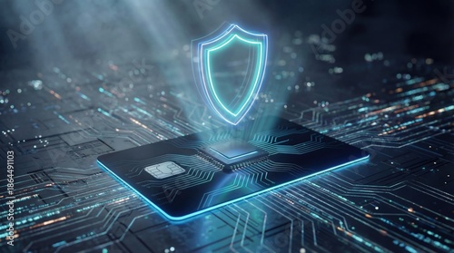 Cyber security hardware technology, encrypted smart card with CPU processor and glowing digital shield, Digital data protection concept, Futuristic financial payment security