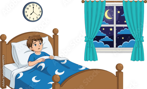 Upset Young Boy Suffering from Insomnia in Bed at Night, Difficulty Sleeping and Sleep Deprivation Illustration, Cartoon Character with Clock and Window View, Nighttime Anxiety