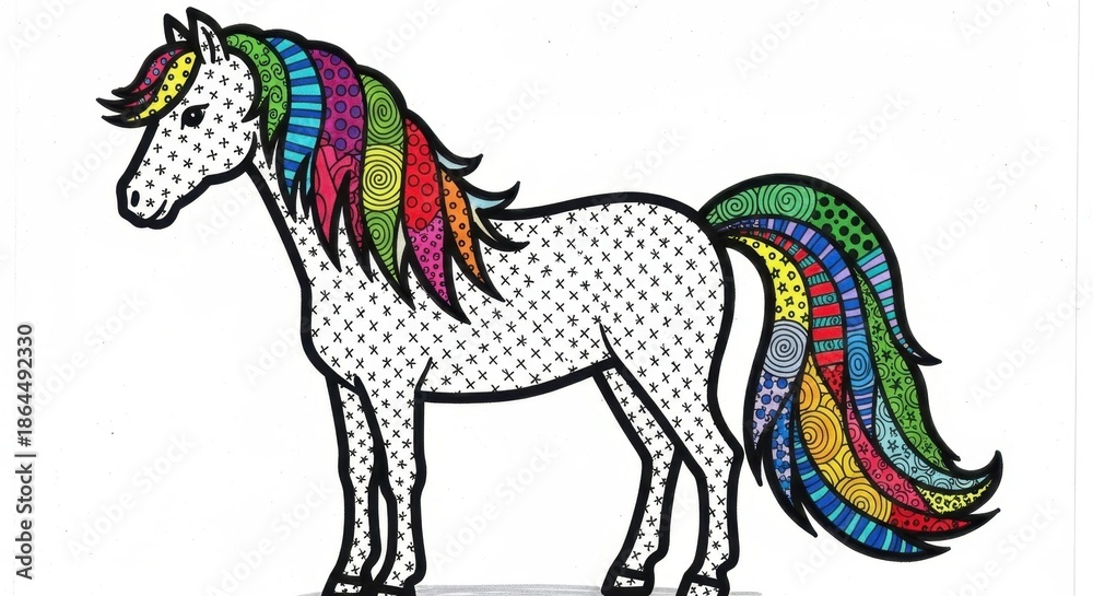 Fototapeta premium Colorful Horse With Patterned Mane and Tail, Psychedelic Style