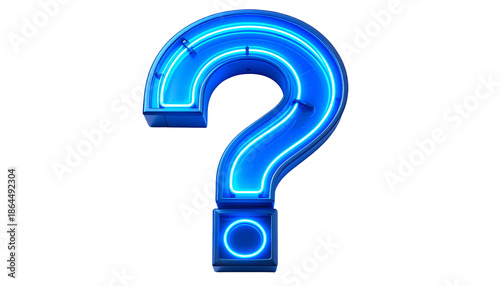 A luminous, three-dimensional question mark glows with electric blue light against a stark black background, emphasizing intrigue