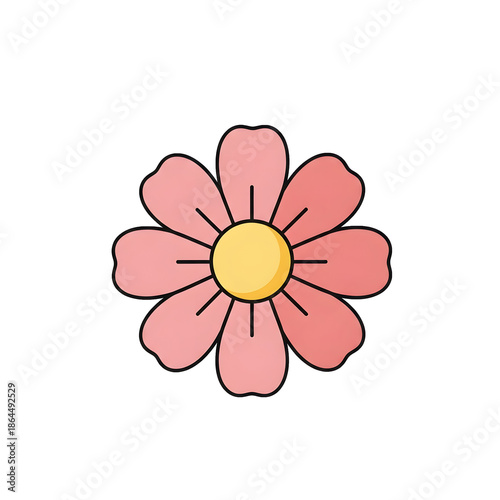 A beautiful cartoon illustration of a vibrant pink flower with a yellow center, set against a clean white background