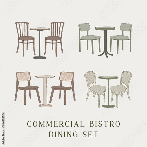 isolated commercial bistro dining set furniture set in minimal flat line art style element collection. Classic cafe and restaurant chairs and round table illustration with clean hand-drawn outlines