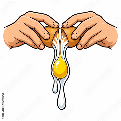 Hands Cracking Open Brown Egg with Yolk Dripping Illustration