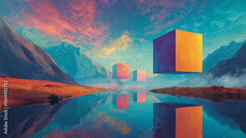 Surreal Dreamlike Landscape With Giant Floating Cubes Over Reflective Lake and Mountains