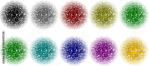 Diverse collection of round mosaic patterns in various colors like blue, red, green, and gold made of small square cubes