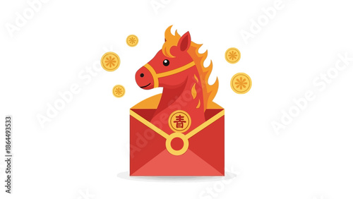 Illustration of a Fire Horse mascot emerging from a red Angpao envelope with gold accents and coins on a white background, symbolizing a festive Greating Card icon set with a vibrant and