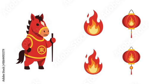 A Fire Horse mascot standing next to red lanterns and flames on a white background, with a Greating Card icon set and Angpao elements.