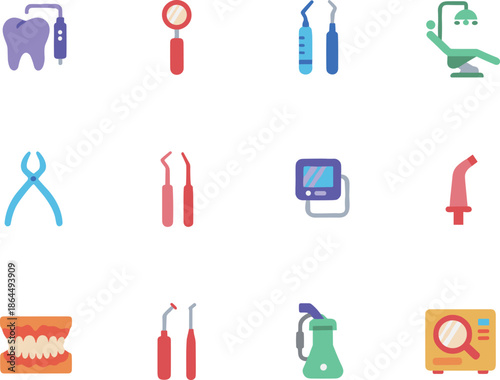 Professional Dental Equipment and Stomatology Icons Set with Tooth Drill Mirror Chair Forceps and Dental Care Tools for Dentistry