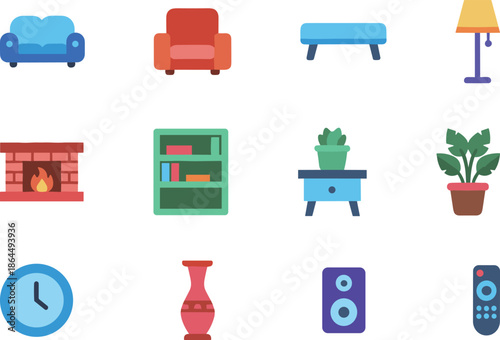 Modern Home Furniture and Interior Decoration Icon Set with Sofa Armchair Bookshelf Fireplace Lamp and Home Decor Elements