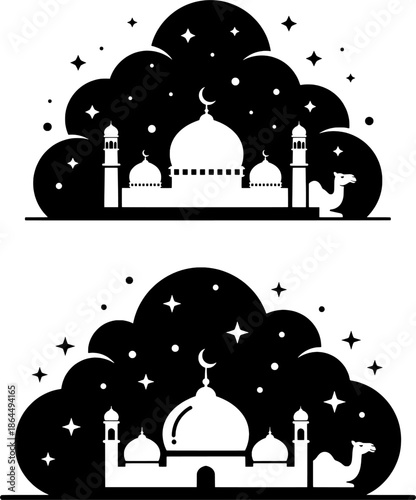 Eid Al-Adha greeting card background with mosque silhouette and camel