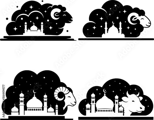 Islamic Eid Al Adha sacrifice animal and mosque silhouette under starry night