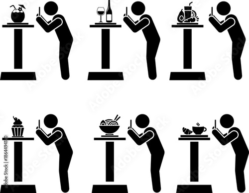 People taking photos of food and drinks with smartphone for social media or food blog