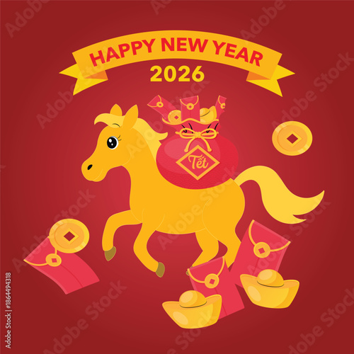 Year of the horse postcard and wealthy new year icon