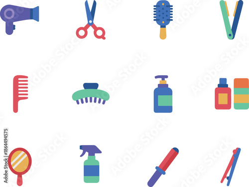Hair Salon and Beauty Styling Tools Flat Icon Collection Including Hair Dryer Scissors Brush Mirror Shampoo and Haircare