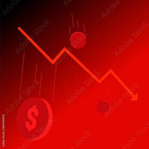​Financial Crisis and Economic Recession Concept. Red Downward Arrow Graph with Falling Dollar Coins on Dark Background.