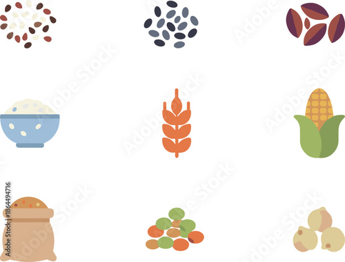 Cereal Grains and Healthy Legumes Flat Icon Collection with Rice Wheat Corn Soybeans Sack and Agricultural Food Products